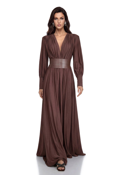 Gloria Maxi Dress Chocolate Brown V-Neck Ruched