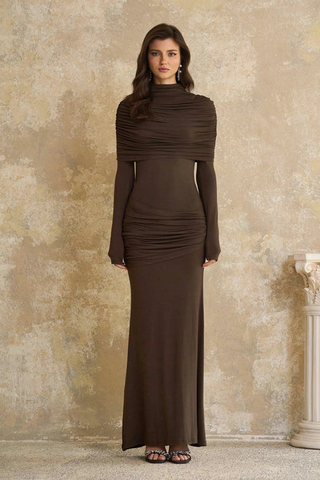 Barbara Maxi Dress Brown Cape Design Ruched