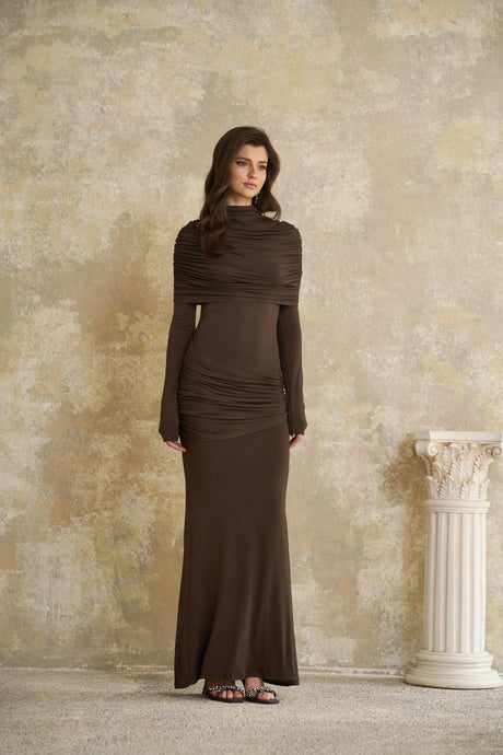 Barbara Maxi Dress Brown Cape Design Ruched
