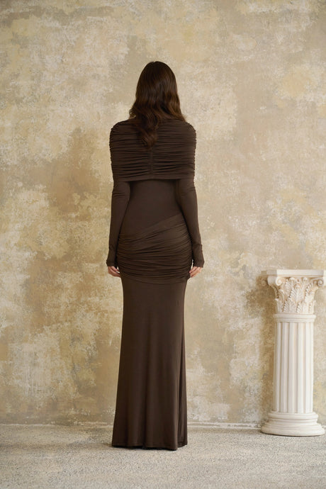Barbara Maxi Dress Brown Cape Design Ruched