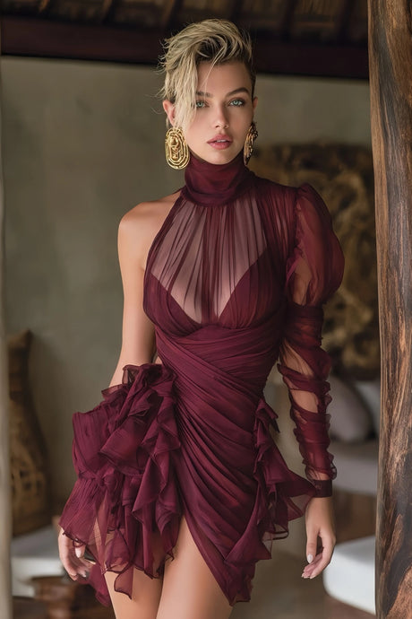 Zoe Mini Dress Burgundy Asymmetrical Ruffled Tulle