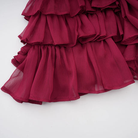 Éléna Burgundy Asymmetrical Ruffled Tulle Mini Dress