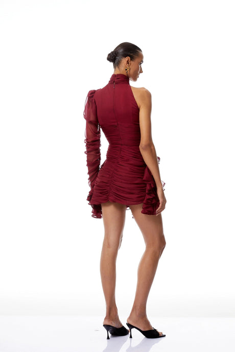 Perlina Mini Dress Burgundy Asymmetrical Ruffled Tulle