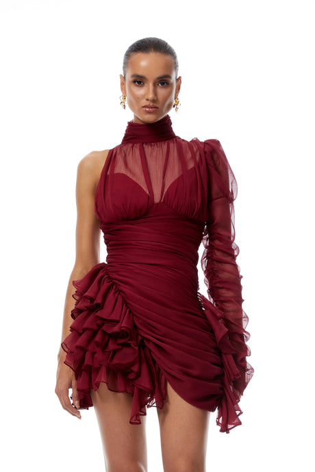 Perlina Mini Dress Burgundy Asymmetrical Ruffled Tulle