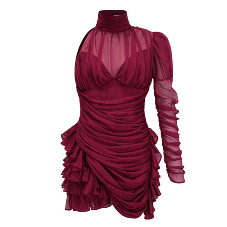 Zoe Mini Dress Burgundy Asymmetrical Ruffled Tulle