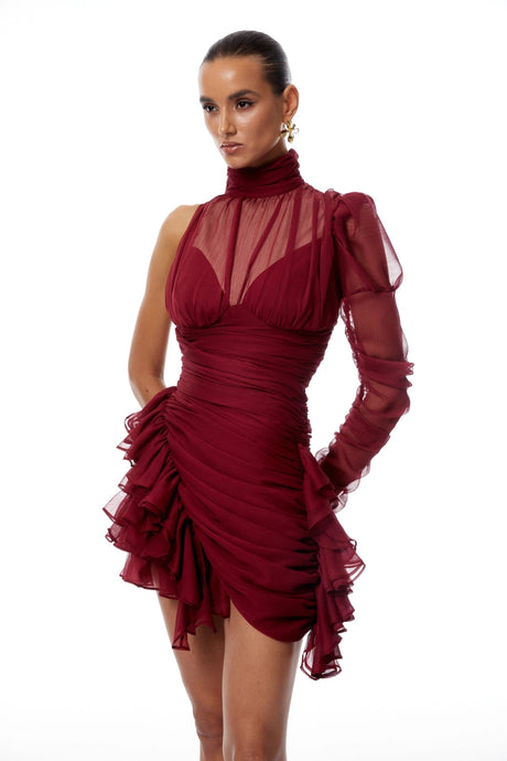 Perlina Mini Dress Burgundy Asymmetrical Ruffled Tulle