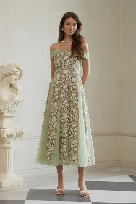 Valeriana Midi Dress Green Tulle Panel Floral