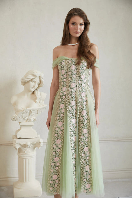 Valeriana Midi Dress Green Tulle Panel Floral