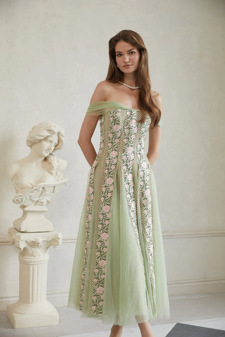 Valeriana Midi Dress Green Tulle Panel Floral