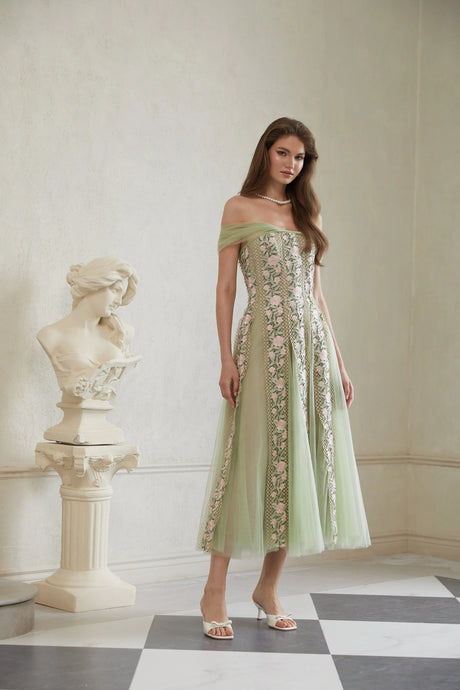 Valeriana Midi Dress Green Tulle Panel Floral
