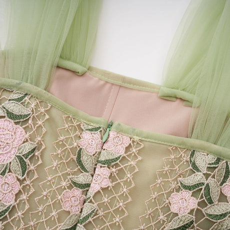 Eleni Green Tulle Panel Floral Midi Dress