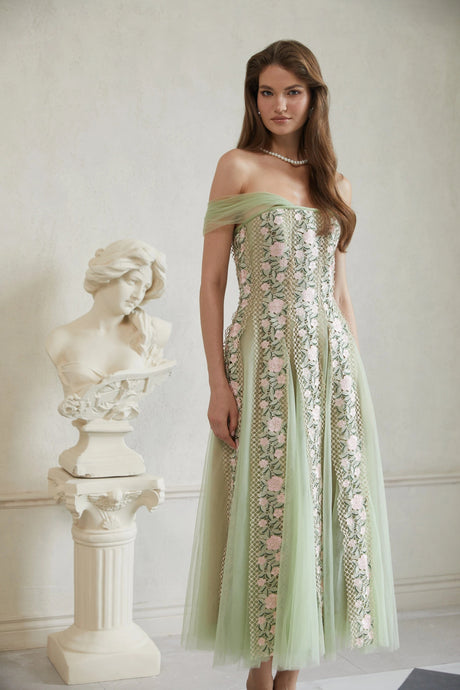 Valeriana Midi Dress Green Tulle Panel Floral