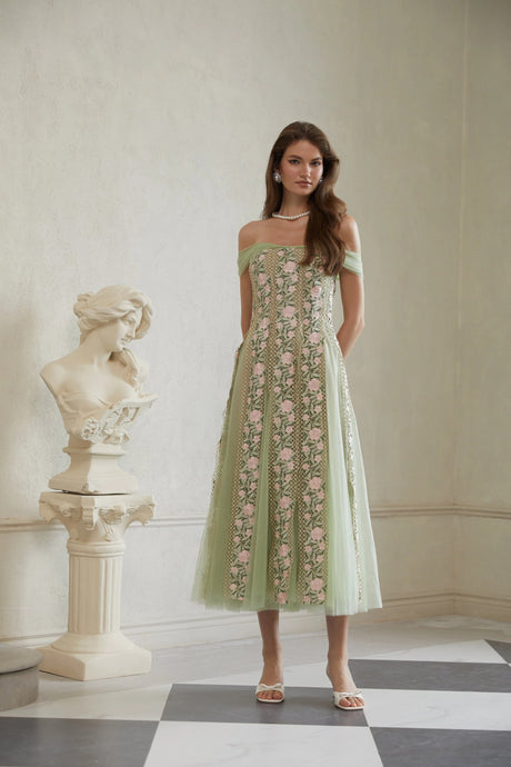 Valeriana Midi Dress Green Tulle Panel Floral