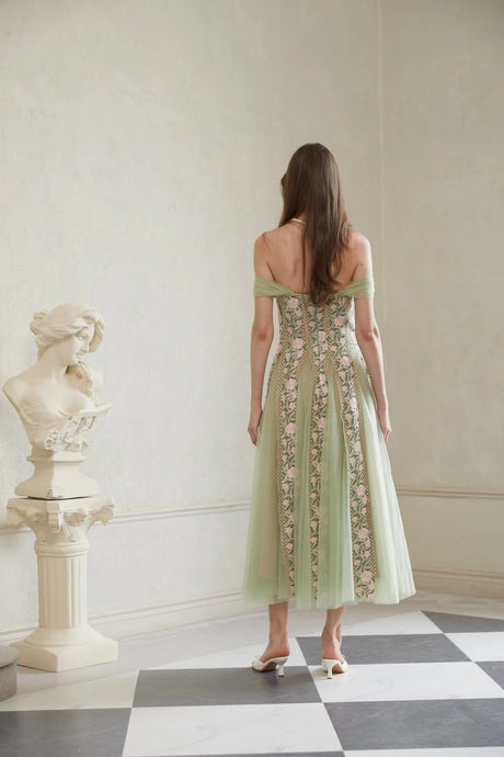 Valeriana Midi Dress Green Tulle Panel Floral