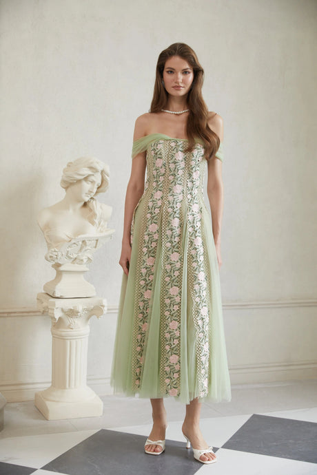 Valeriana Midi Dress Green Tulle Panel Floral