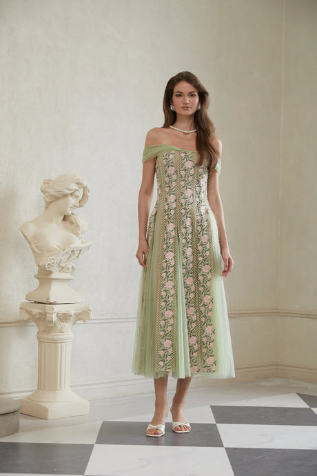 Valeriana Midi Dress Green Tulle Panel Floral