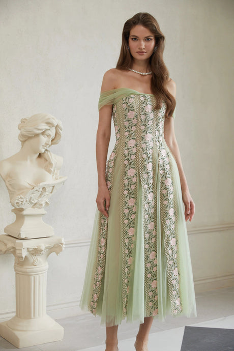 Valeriana Midi Dress Green Tulle Panel Floral