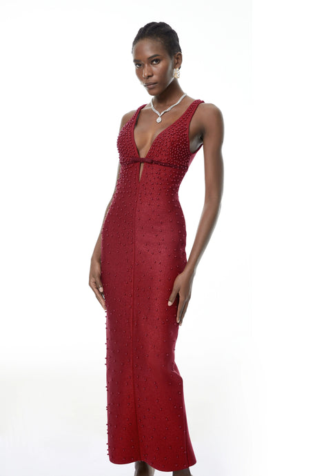 Paola Maxi Dress Red Bandage with Pearls