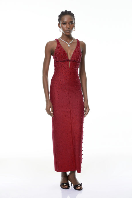 Paola Maxi Dress Red Bandage with Pearls