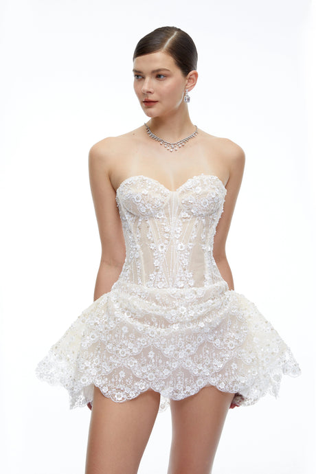 Fiorella Mini Dress White Sequin Corset with Ruffles