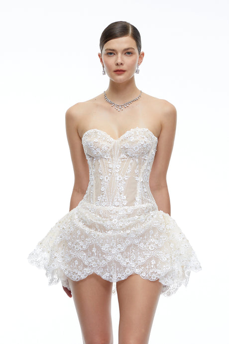 Fiorella Mini Dress White Sequin Corset with Ruffles