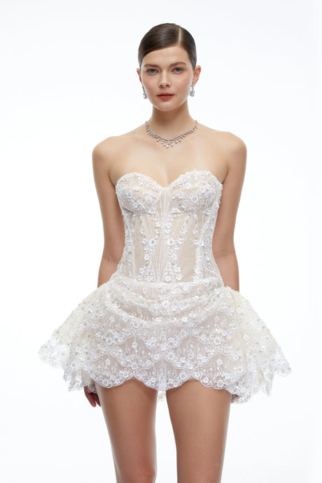 Fiorella Mini Dress White Sequin Corset with Ruffles
