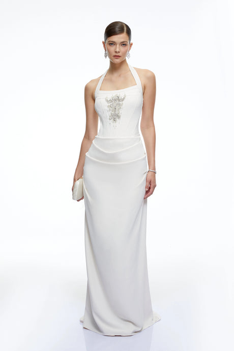 Brielle Maxi Dress White Halterneck Embellished