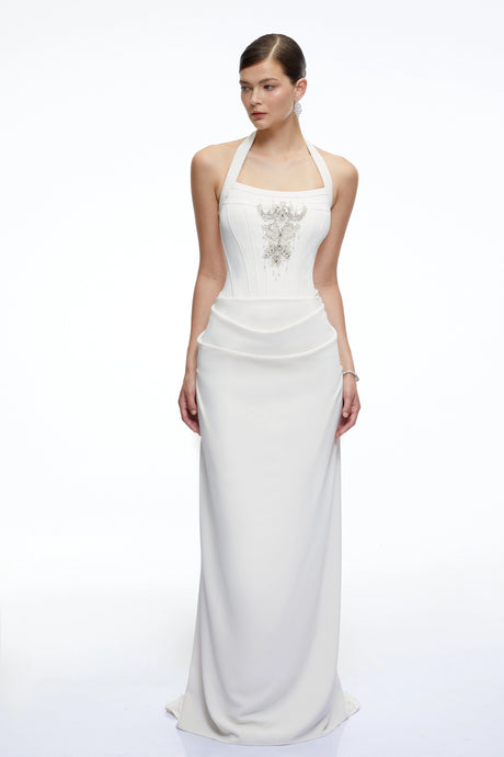 Brielle Maxi Dress White Halterneck Embellished