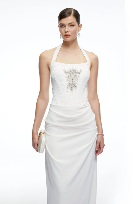 Brielle Maxi Dress White Halterneck Embellished
