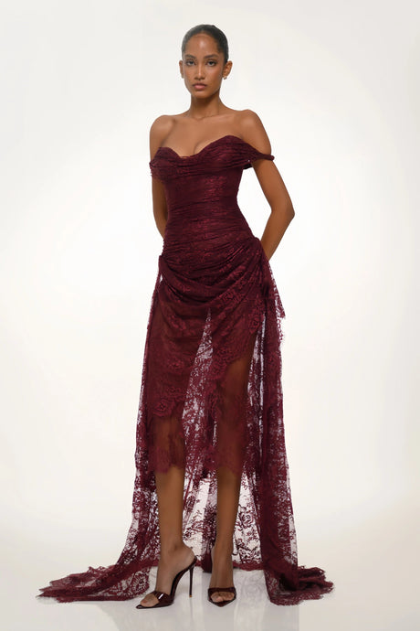 Concetta Burgundy Ruched Floral Lace Gown