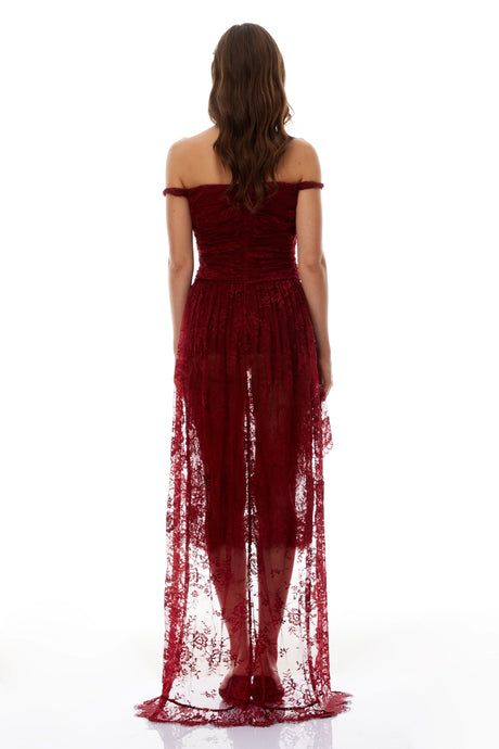 Brenna Burgundy Ruched Floral Lace Gown