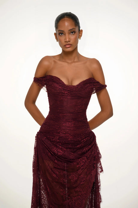 Concetta Burgundy Ruched Floral Lace Gown