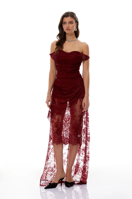 Brenna Burgundy Ruched Floral Lace Gown