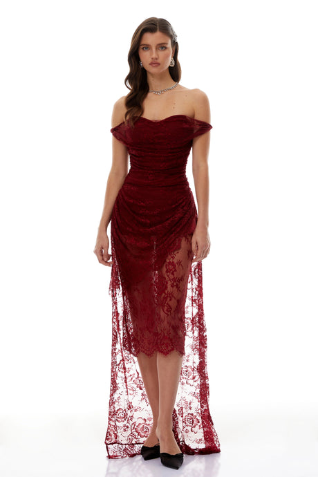 Brenna Burgundy Ruched Floral Lace Gown
