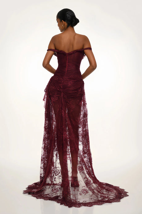 Concetta Burgundy Ruched Floral Lace Gown