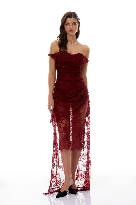Brenna Burgundy Ruched Floral Lace Gown