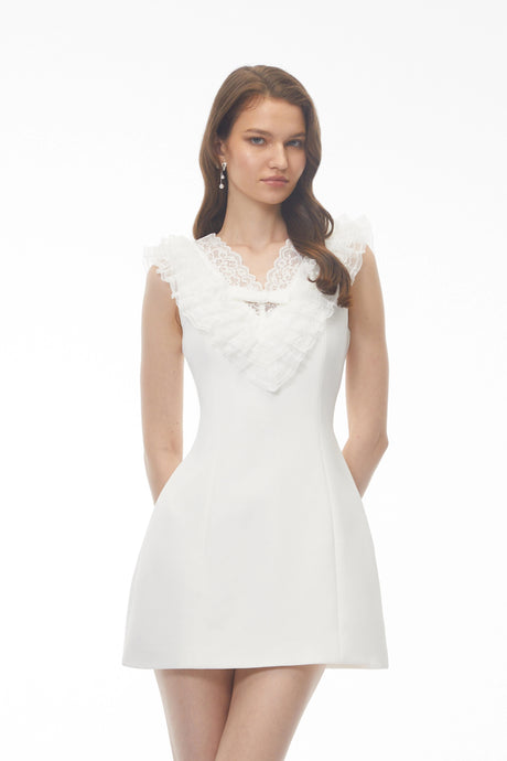 Marley Mini Dress White V-Neck with Lace Panels