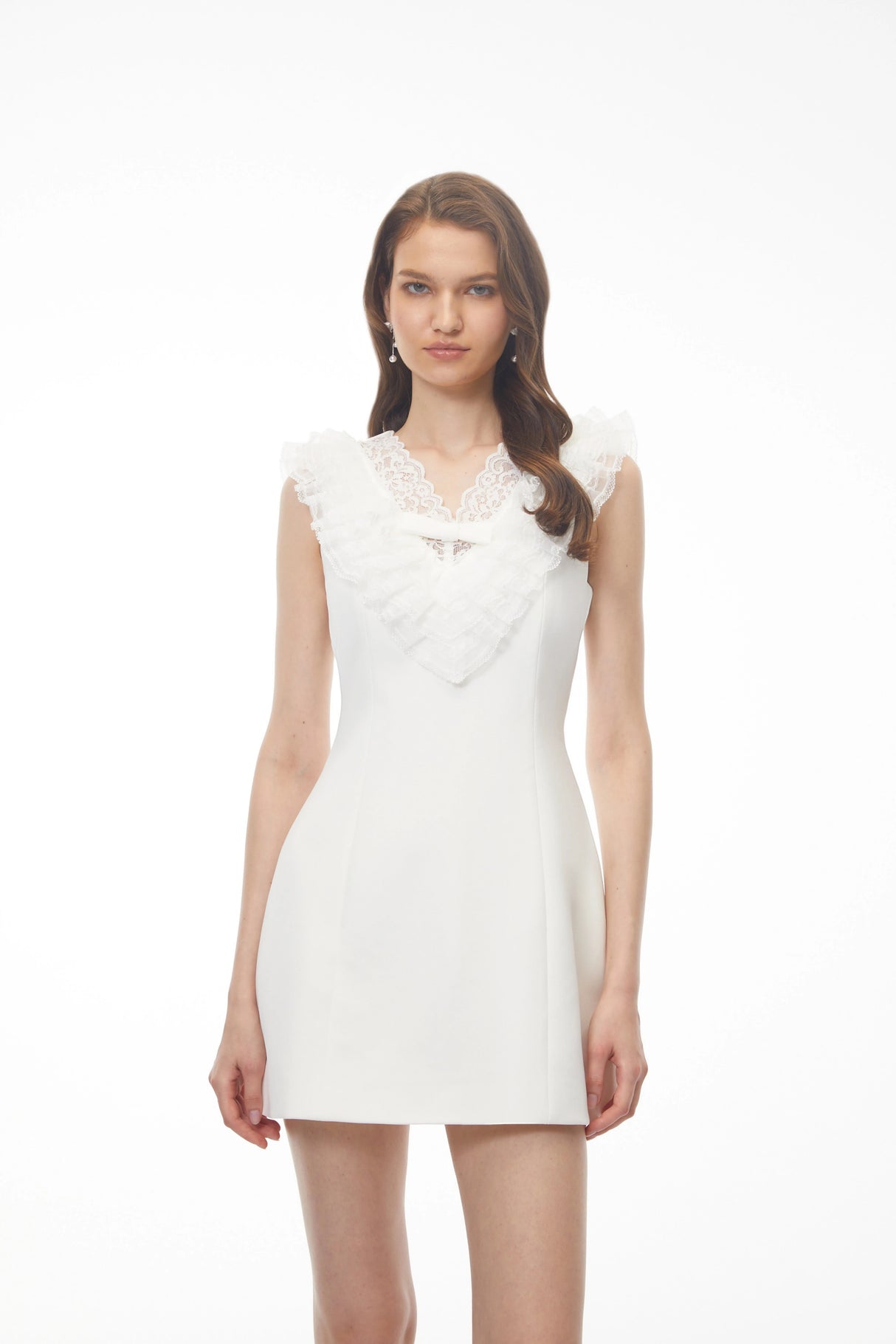 Elisabeth White VNeck Mini Dress with Lace Panels