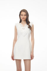 Elisabeth White VNeck Mini Dress with Lace Panels