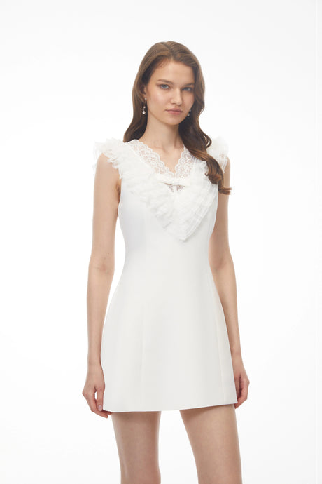 Marley Mini Dress White V-Neck with Lace Panels