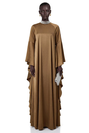 Elisabetta Brownish Green Turtleneck Maxi Dress with Flutter Sleeves