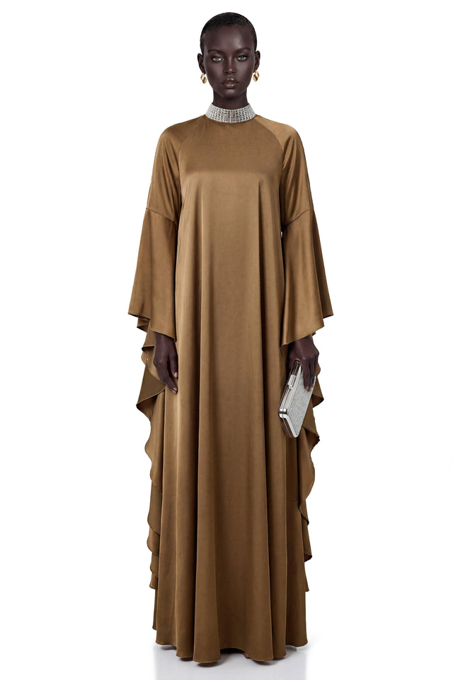 Elisabetta Brownish Green Turtleneck Maxi Dress with Flutter Sleeves