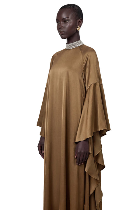 Madalynn Maxi Dress Brownish Green Turtleneck with Flutter Sleeves