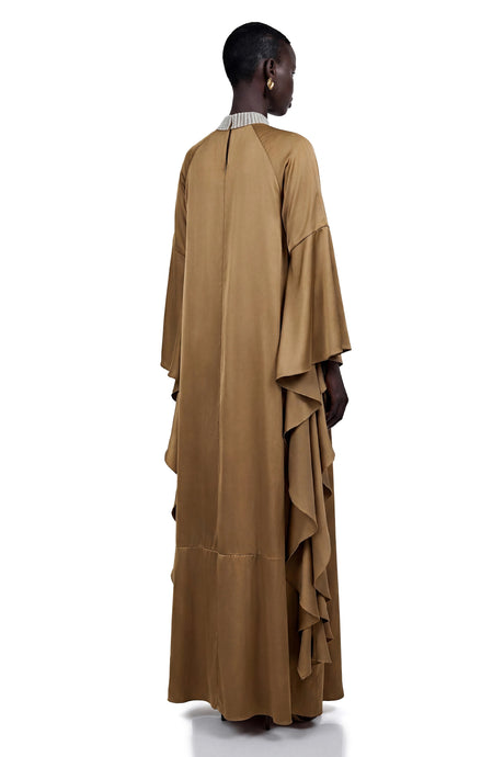 Madalynn Maxi Dress Brownish Green Turtleneck with Flutter Sleeves