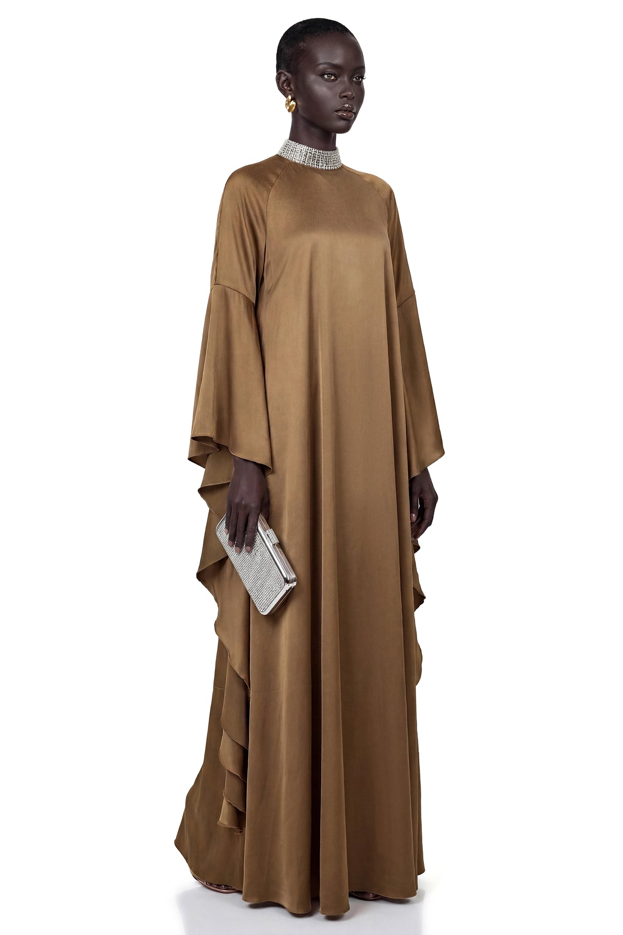 Elisabetta Brownish Green Turtleneck Maxi Dress with Flutter Sleeves