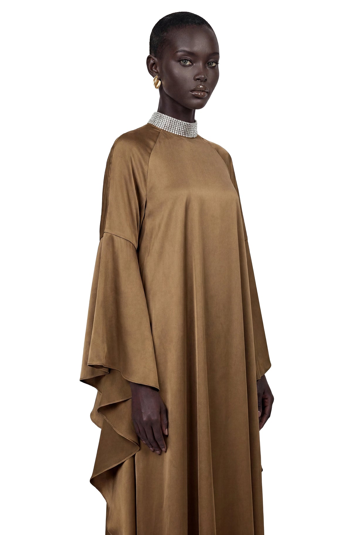 Elisabetta Brownish Green Turtleneck Maxi Dress with Flutter Sleeves
