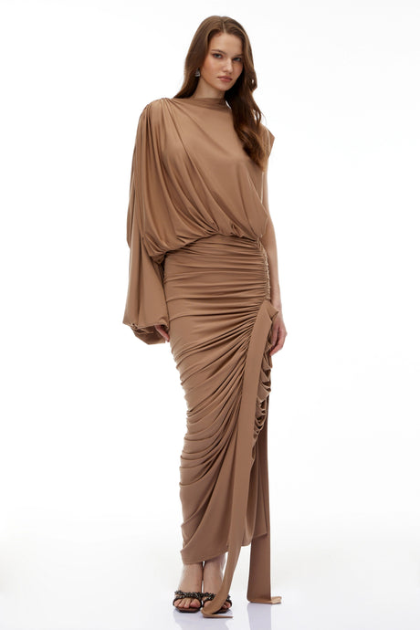 Simona Maxi Dress Camel Asymmetrical Draped