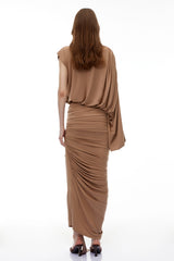 Elizabeth Camel Asymmetrical Draped Maxi Dress
