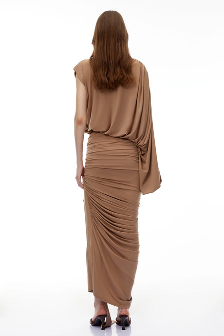 Simona Maxi Dress Camel Asymmetrical Draped