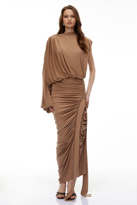 Simona Maxi Dress Camel Asymmetrical Draped